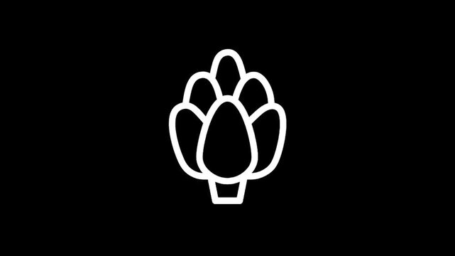 Simple white line art icon of an artichoke on a black background
