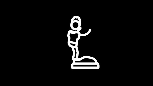 Stylized white line drawing of a person standing on a scale, waving