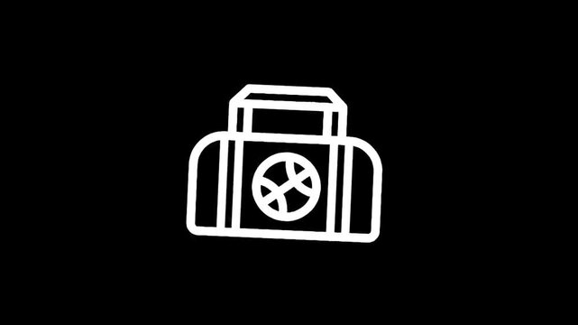 Simple white outline of a duffel bag with a basketball logo on a black background