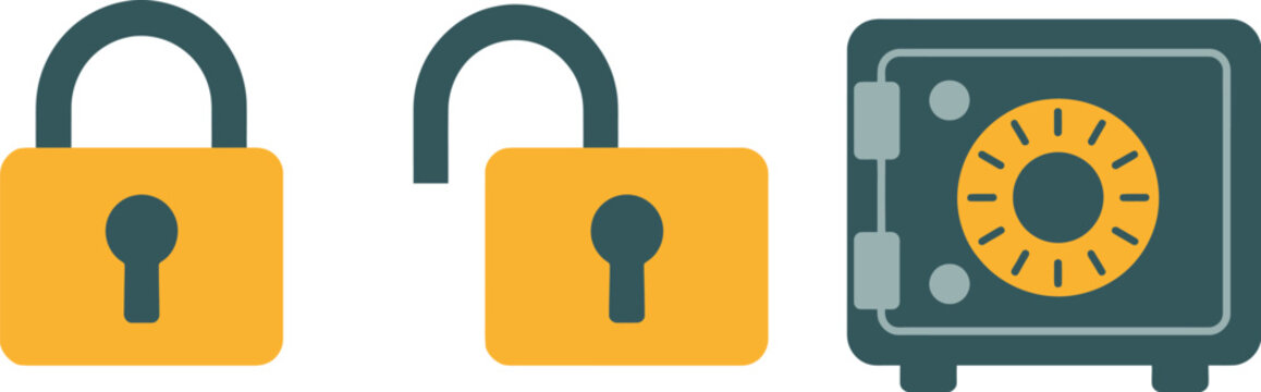 Flat design security icon set featuring closed padlock open padlock and safe symbols, data protection and safety concept, modern minimal vector icons for cybersecurity apps privacy systems and digital