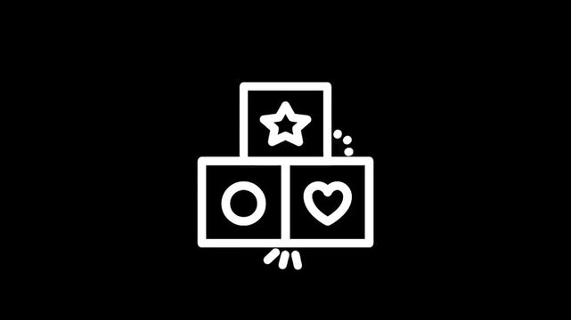 Simple line art icon of three stacked building blocks with shapes on a black background