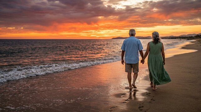 Senior couple holding hands walking on beach at sunset during retirement vacation