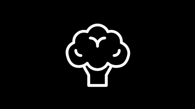 Simple white outline icon of broccoli on a black background, minimalist design