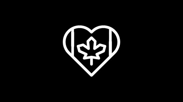 White outline heart with Canadian flag and maple leaf on black background