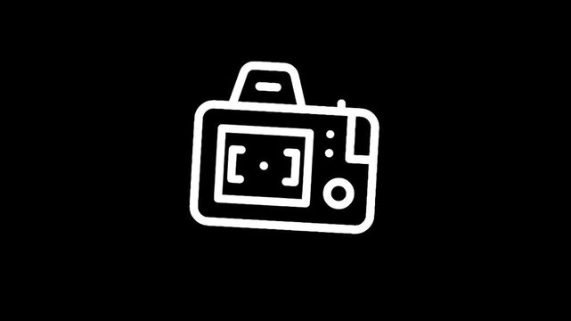 Minimalist white outline icon of a digital camera viewed from the back on a black background