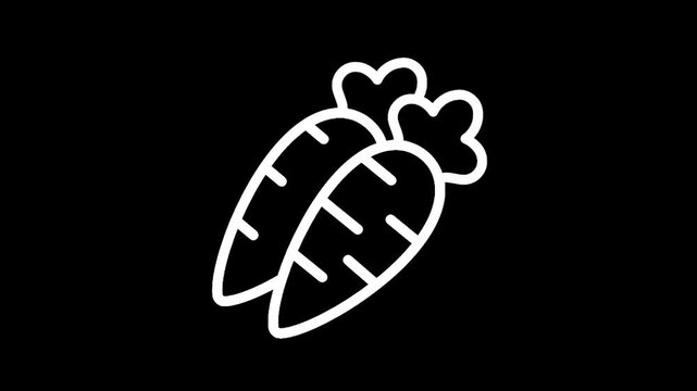Simple white line art icon of two carrots on a black background