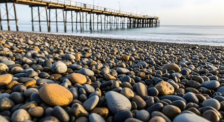 Fototapeta premium Textured Pebble Beach Leading to Wooden Pier