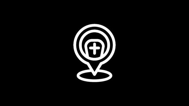 Location marker with tombstone and cross icon on black background