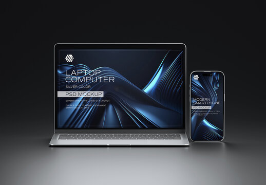 Front View Of Smartphone and Laptop Mockup on Black