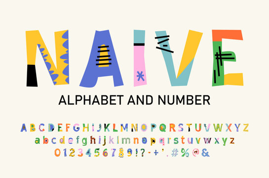 Playful hand drawn naive doodle alphabet font with cute cartoon style, bright colorful letters for Kids Design, Poster, Packaging and Creative Typography