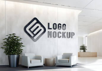 3D GLossy Logo On White Office Wall Mockup