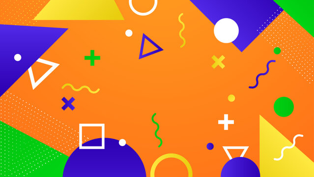 Bright orange background in Memphis art style with scattered colorful shapes and decorative patterns for trendy advertising