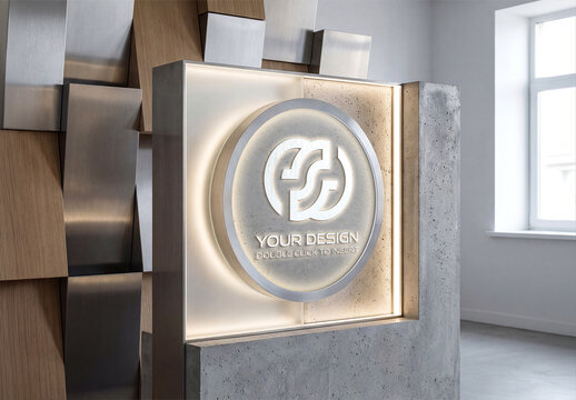 Business Sign Glowing Logo Mockup on Creative Office Wall