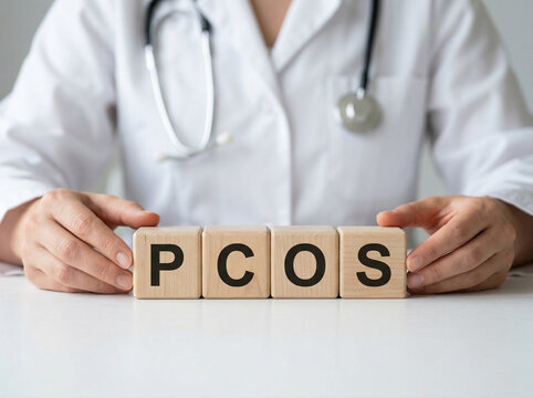 doctor hands holding wooden blocks spelling pcos in clean medical setting for hormonal disorder awareness concept