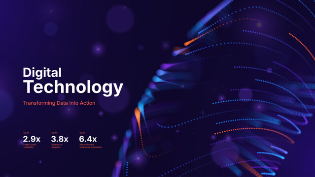 Abstract Big Data Background with Neon Flowing Lines and Digital Particle Waves. Technology Concept for Data Analytics, Digital Transformation and Intelligent Computing Systems. Vector Illustration.