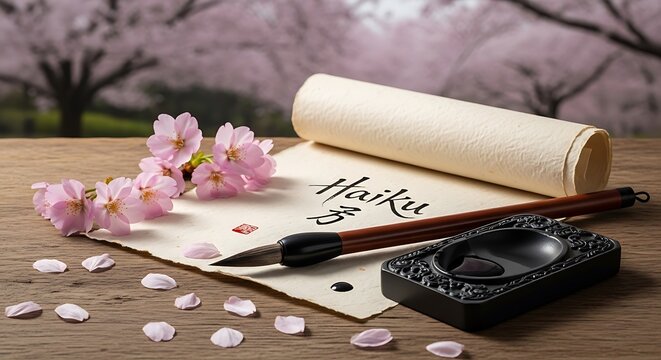 Handwritten haiku poem with cherry blossoms and ink pen on wooden table