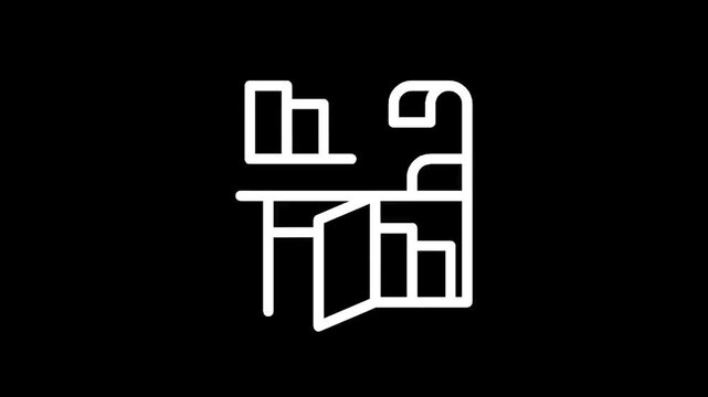 Minimalist white icon of an open desk with shelves and drawers on a black background