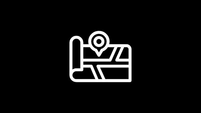 Stylized icon of a rolled map with a location pin on a black background