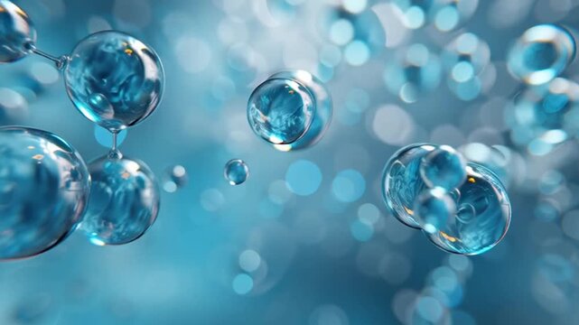 Water Bubbles: Transparent water bubbles, showcasing intricate textures and refractions, float against a soft blue background. A visualization of life's fundamental element.