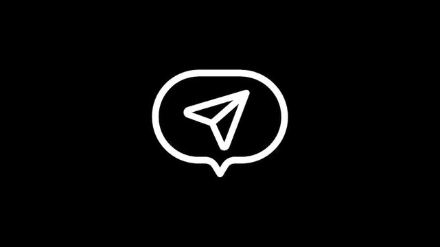 Minimalist white paper airplane inside a speech bubble icon on black background