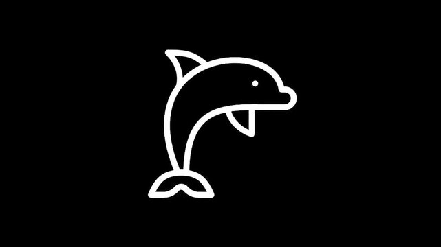 Simple white line art dolphin jumping on a black background, minimalist design