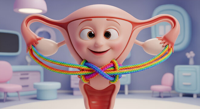 Cartoon uterus character demonstrating cervical cerclage procedure