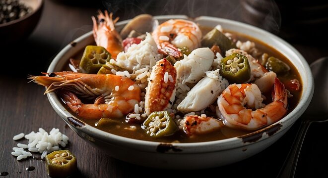 Hearty Seafood Gumbo Bowl with Shrimp and Okra.