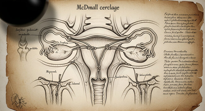 Vintage Anatomical Illustration of Cervical Cerclage Procedure