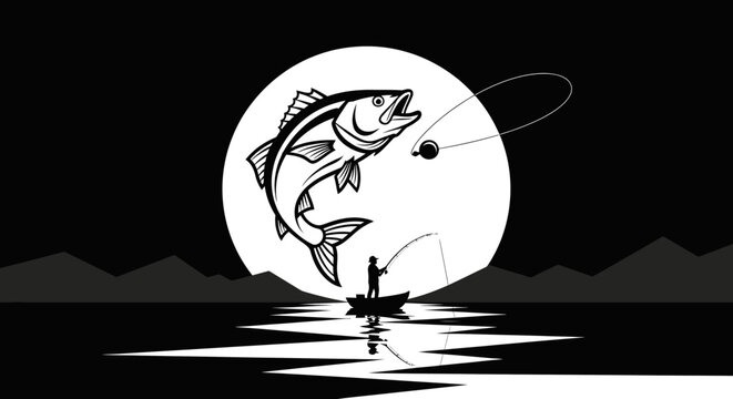 Fisherman in a boat catching a large fish jumping out of the water.