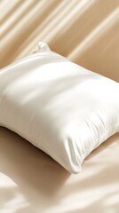 Fototapeta premium White Pillow on Beige Bedding with Soft Light Creating an Elegant
