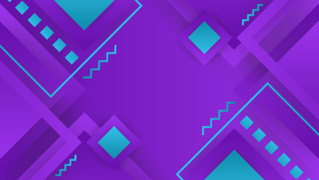 Creative purple and teal Memphis style background with geometric squares and zigzag elements