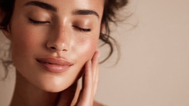 Serene young woman with radiant, dewy skin and closed eyes, gently touching her cheek, embodying natural beauty, wellness, and self-care. Perfect for skincare and spa concepts.