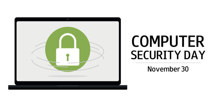 Computer Security Day horizontal banner. November 30. Computer with lock in green circle. Cybersecurity, privacy and digital data safety.