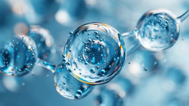 A macro shot of transparent water drops on blue glass creates a clean abstract reflection with clear liquid spheres and wet ripples in cold light