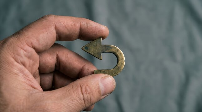 Person's hand carefully holds a unique brass symbol representing the concept of undo, return, or turning back time, suggesting a crucial choice or a change of direction.