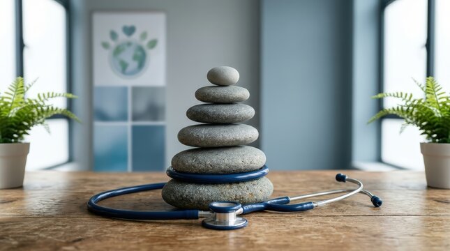 Balanced zen stone stack with medical stethoscope on wooden table symbolizing holistic healthcare, wellness, and natural well-being in modern clinic setting