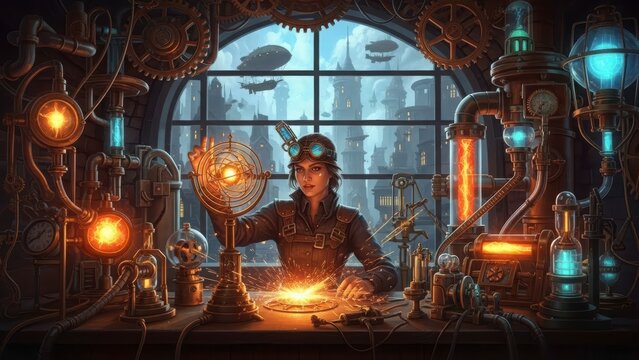 Steampunk Scientist: A female scientist in a steampunk-inspired lab, surrounded by intricate machinery, conducts an experiment with focused precision.
