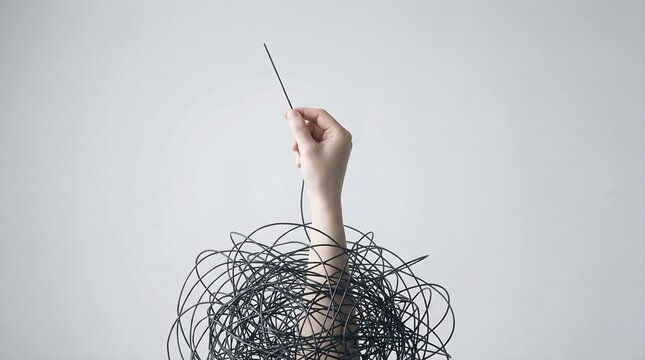 Human hand emerging from a complex tangle of electrical wires, grasping a single straight strand, symbolizing problem-solving, order, and finding clarity amidst chaos.