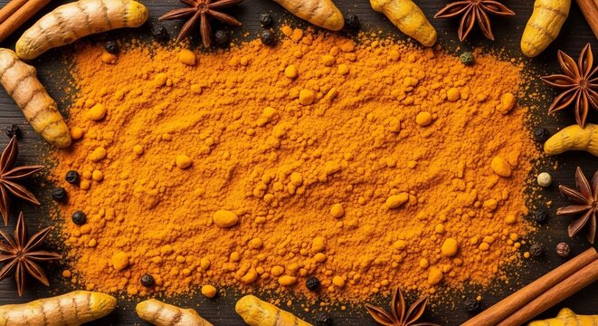 Vibrant Turmeric Powder and Spices Border Frame.