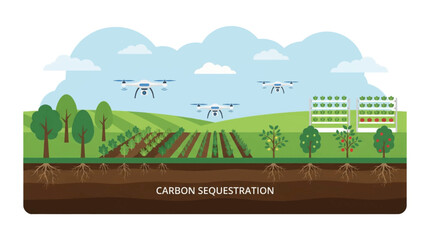 Fototapeta premium Advanced agricultural technology and drones contribute to effective carbon sequestration, promoting sustainable farming practices and environmental well-being across diverse ecosystems