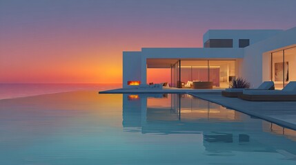 Fototapeta premium A modern white house with a pool overlooking the ocean at sunset