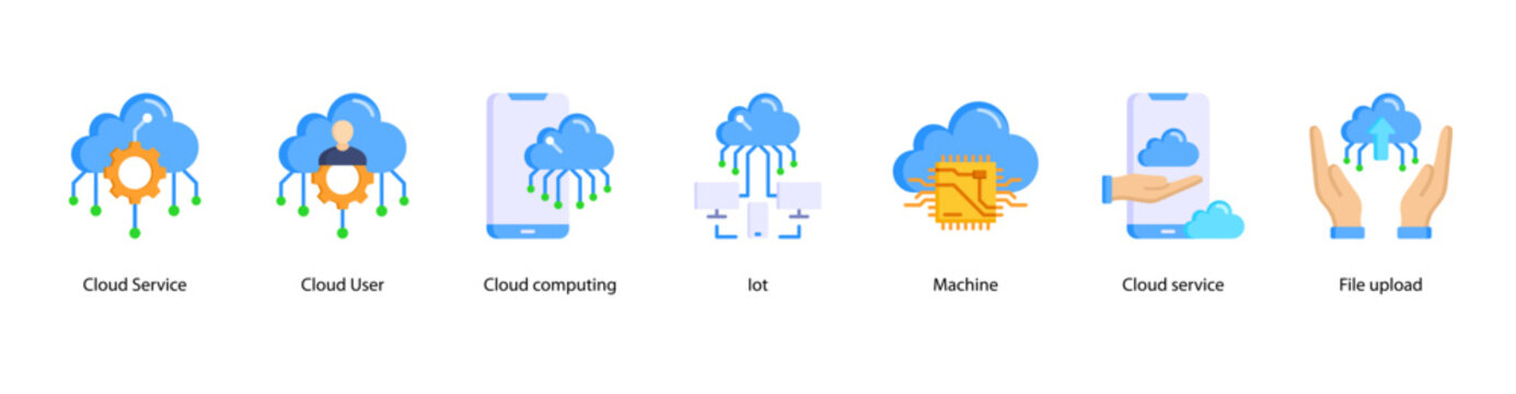 Cloud Solutions web banner icon vector illustration featuring Cloud Service, Cloud User, Cloud Computing, IoT, Machine, Cloud Service, and File Upload.