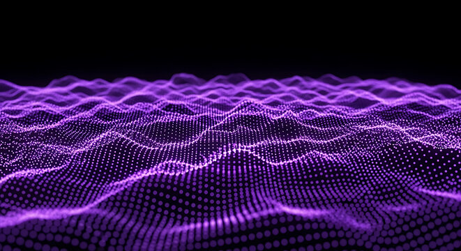 Vibrant purple digital wave pattern on a black background with glowing dots