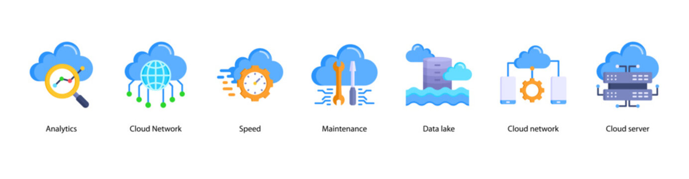 Cloud Infrastructure web banner icon vector illustration featuring Analytics, Cloud Network, Speed, Maintenance, Data Lake, Cloud Network, and Cloud Server.