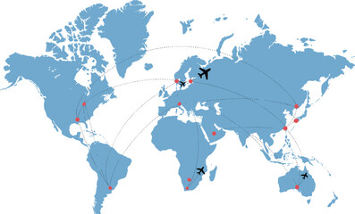 World map with global flight routes and airplane travel connections illustration © Masud
