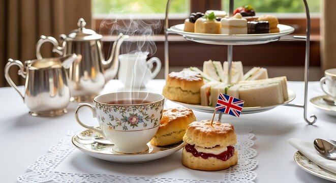 Elegant afternoon tea set with pastries and british flag decoration on lace tablecloth