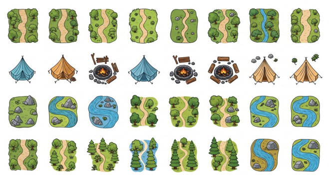 Camping map icons set, 32 outdoor adventure vector elements, nature landscape tiles with tents and campfires, forest trail and river map creator