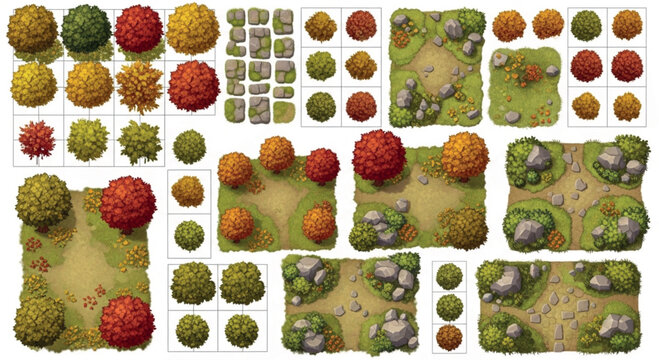 Top-down game map tileset, isometric forest landscape elements with autumn trees and stone paths, fantasy RPG environment vector kit