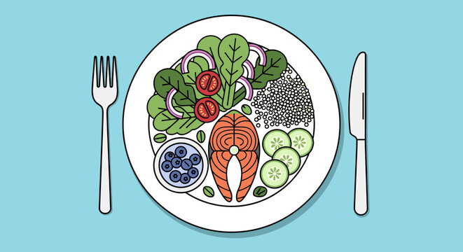 A healthy and balanced meal featuring a salmon steak, fresh greens, blueberries, quinoa, and sliced cucumbers, presented on a white plate with cutlery.