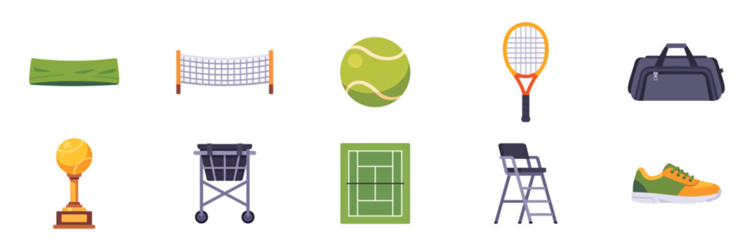 Set of tennis icons, racket, ball, court, net, bag, colorful collection with vector flat illustrations